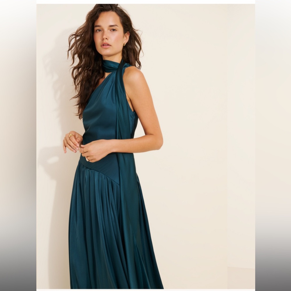 BHLDN One Shoulder Scarf Maxi Dress Dark Green Anthropologie - Picture 2 of 6
